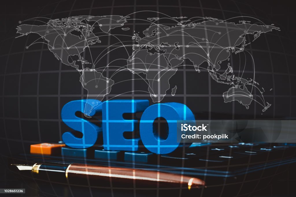 SEO text alphabet for Search Engine Optimization concept and Office supplies or office work essential tools, world map, global network business banking concept idea, element by NASA.